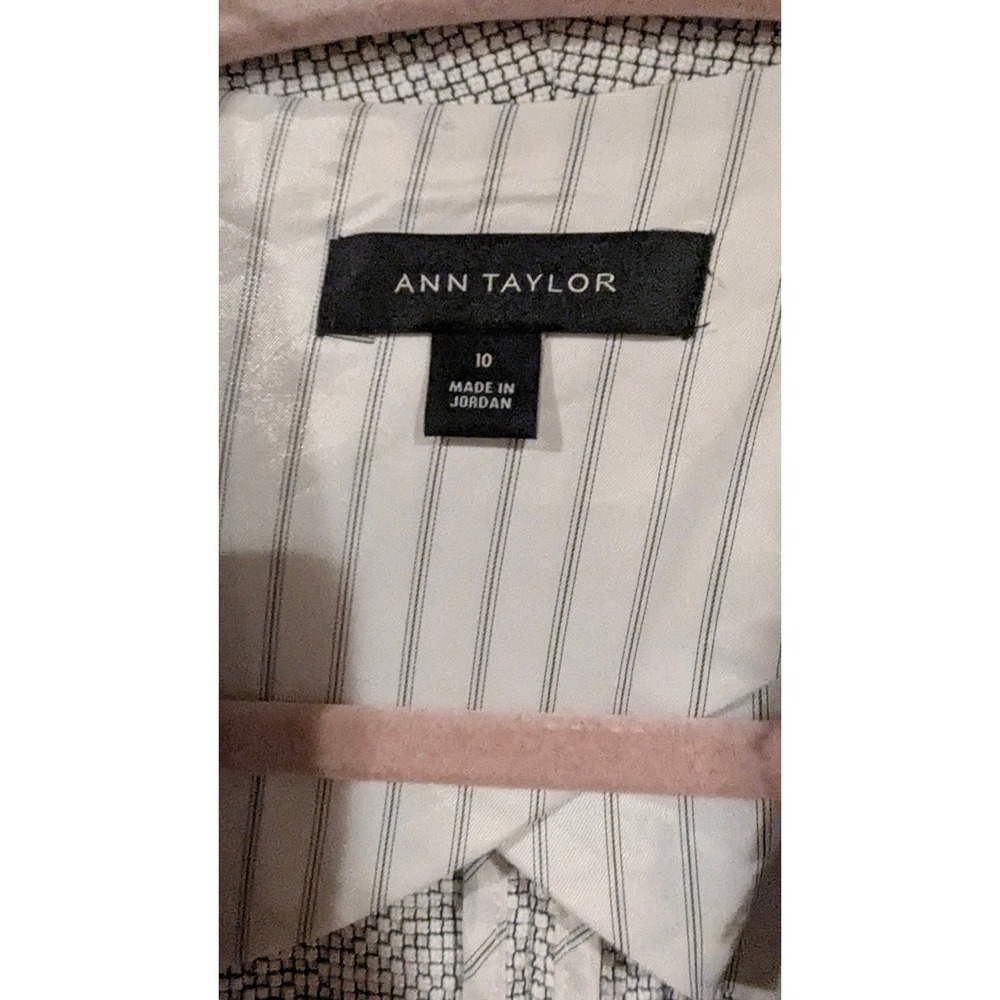 Ann Taylor Blazer 10 Black White Textured Fringe Trim Open Front Career Jacket - Picture 2 of 6